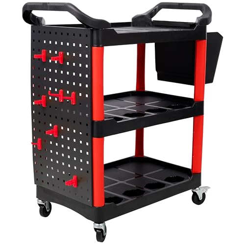Auto Detailing Cart with Wheels, 3 Tier Car Detailing Cart with Hanging Boards & Hooks, Rolling Tool Organizer Car Wash Utility Cart for Garage, Workshop, DIY Home