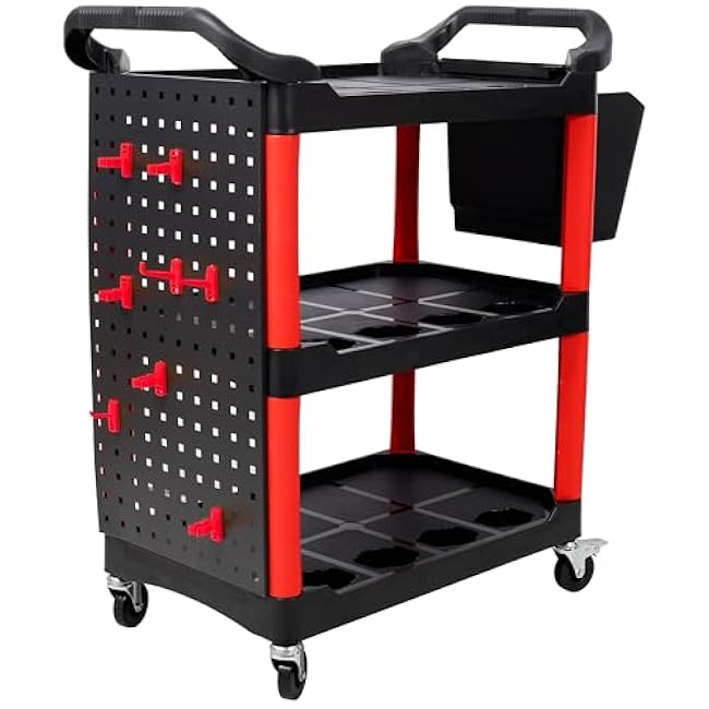 LifeSky Professional Detailing Cart: 3 Tier Rolling Tool Organizer with Pegboard & Hooks - Heavy Duty Plastic Utility Cart for Auto Detailing Garage Workshop & Car Care Storage-wXKuFmPE