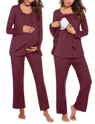 Image of Ekouaer Maternity Nursing Pajama Set Long Sleeve Top & Pants with Pockets Breastfeeding Sleepwear Double Layer Pregnancy