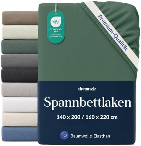 Dreamzie Spannbettlaken 140x200-160x220cm Entengrün, Baumwolle | Jersey 97% Baumwolle, 3% Elasthan · Oeko-Tex zertifiziert · 360°-Gummizug bis 35 cm · Ohne Bügeln