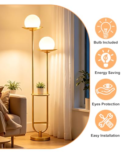 Image of 63IN Globe Floor Lamp with Shelf 2-Lights Modern Dimmable Floor Lamps with 3000K Soft Warm White Bulbs for Wedding /Party, Gold Tall Standing Lamp for Living Room /Bedroom /Home Office