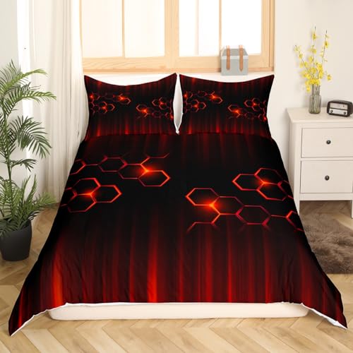 feelingyou Red Neon Bedding Set,Honeycomb Comforter Cover Set for Teens Women Room Decor,Abstract Ombre Duvet Cover Breathable Red and Black Stripe Bedspread Cover Double Size - Image 3
