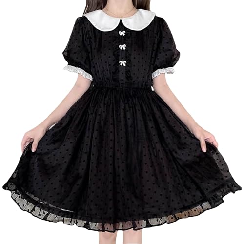 Cuteighteen Peter-Pan-Kragen, gepunktetes Damenkleid, niedliches Sommerkleid, Chiffon, Puff, kurze Ärmel, Vintage-Rüschen, Swing-Junior-Kleider,...