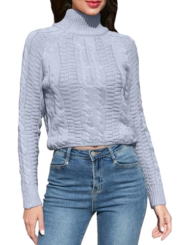 Image of DAIMIDY Women's Crop Sweaters, Sexy Cropped Chunky Knit Long Sleeve Pullover Turtleneck Jumper Tops with Twisted Pattern