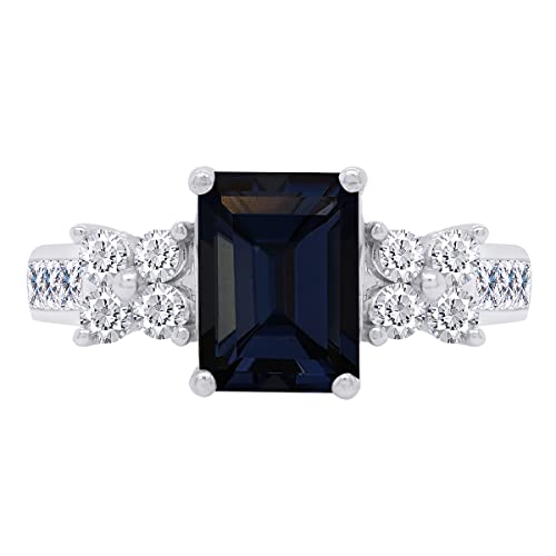 SAVEARTH DIAMONDS 8x6MM Emerald Cut Simulated Blue Sapphire With Princess & Round Cut Sparkling White Cubic Zirconia Cluster Engagement Ring For Women In 14k Gold Over Sterling Silver2