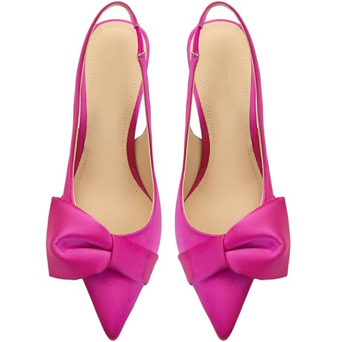 Image of Women's Slingback Heels with Bow Pointed Toe Pumps with Elasticated Strap 3.3 inch High Heels for Evening Dress Shoes