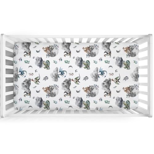 Image of Watercolor Dragons Fairytale Baby Crib Sheets - 52''x28'' Dragon Wings Leaves Moon Clouds Stretchy Fitted Mattress Cover for Boy & Girl - Soft Nursery Bed Sheets for Standard & Toddler Mattress