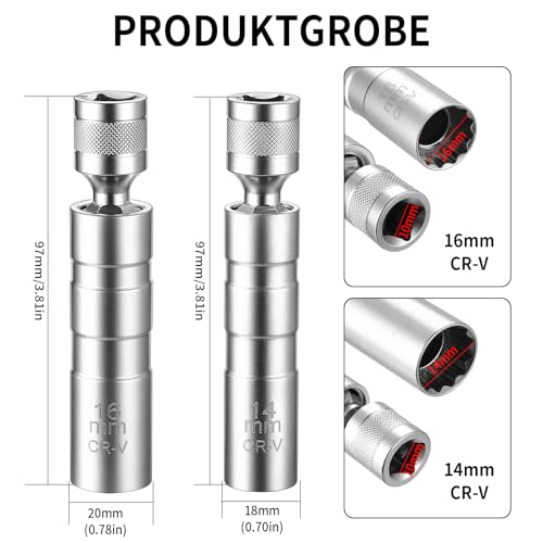Klucz do Iskier 14mm 16mm, 2 Sztuki Uniwersalny Elastyczny Zestaw Kluczy do Iskier, Magnetyczny Klucz do Iskier Samochodowy, 12-Kątny Magnetyczny Usuwacz Iskier Narzędzie do Samochodów KFZ