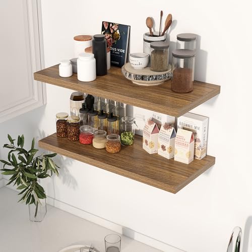Image of Dreamland 30 inch Floating Shelves for Wall, 12 inch Deep Slim Walnut Floating Shelves, Wall-Mounted Shelves for Bedroom, Living Room, Kitchen, Bathroom - Set of 2