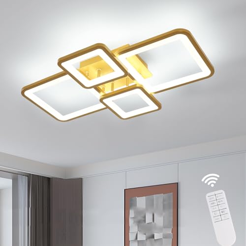Comely Lámpara de Techo Regulable, 54W Plafon LED Techo con Mando a Distancia, 3000K-6000K, Lámpara Techo Cuadrado Dorado Para Dormitorio Salon Comedor, Diámetro 62cm
