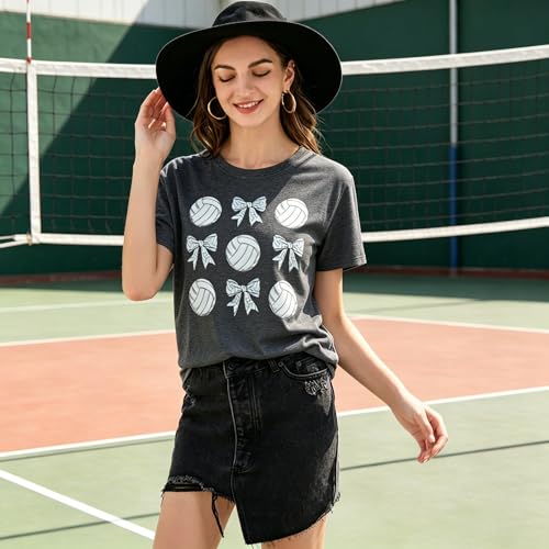Volleyball Shirt for Women Volleyball Mom Shirt Game Day Shirts Sport Season Tee Volleyball Bow Graphic Tops Gray — view 3