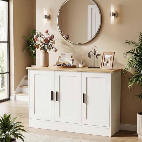 Anystyle 43' White Buffet Cabinet with Black Handles, Small Kitchen Sideboard with 3 Doors & Adjustable Shelves, Modern Entryway Credenza & TV Console Table for Living Room, Dining Room
