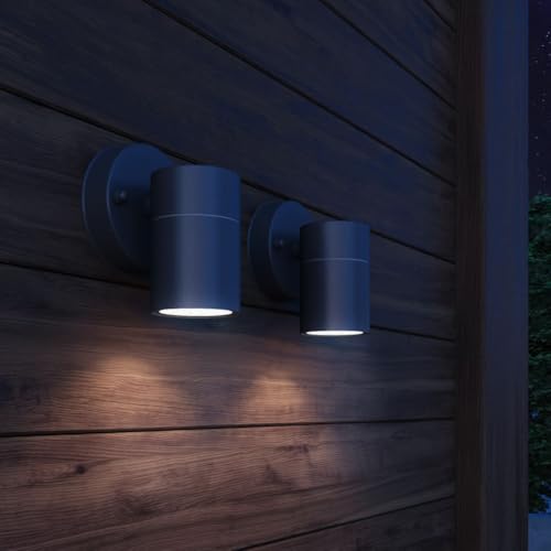QUAHEAS 2 lámparas de pared exteriores de acero inoxidable con grado de protección IP44, dimensiones 90 x 160 mm, casquillo GU10, para terraza, balcón, jardín, resistente a la intemperie, color negro