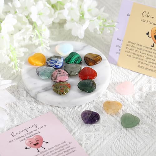 Jetec 15 Stück Glückssteine mit Bedeutung Karte im Organzasäckchen Bunte Herzen Steine Set Heilsteine Mutstein Schutzstein Glücksbringer Geschenk