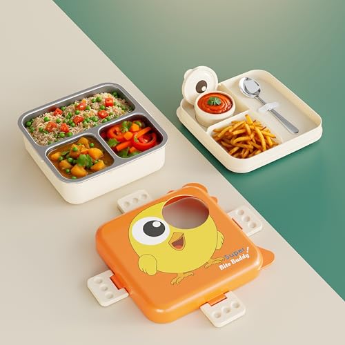 Image of Darkpyro Super Bite Buddy Cartoon Kids Lunch Box with Compartments - Air Vent, Spoon, Sauce Container & Stainless Steel Tray - Orange Chick Design (1100ml+50ml)