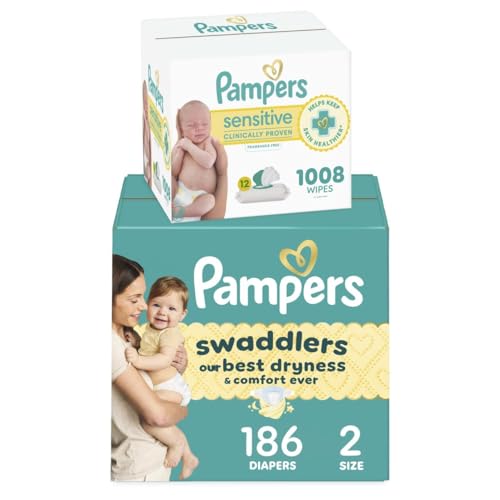 Image of Pampers Swaddlers Disposable Baby Diapers Size 2, 186 Count with Sensitive Water Based Baby Wipes 12 Flip-Top Packs (1008 Wipes Total)