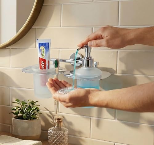 Image of Stainless Steel Toothbrush Holder with Glass Tumbler & Liquid Soap Dispenser Set - Wall Mounted 2-in-1 Bathroom Organizer, Chrome Finish (Square /Frosted Glass) (E 3712)
