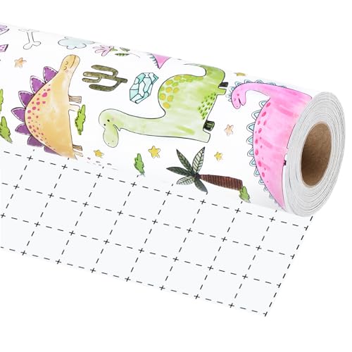 BIOBROWN Dinosaur Wrapping Paper Roll - 17 Inches X 33 Feet - Colorful Hand-drawn Dinosaurs Design Gift Wrap Paper for Boys Girls Birthday Baby Shower Dino Party