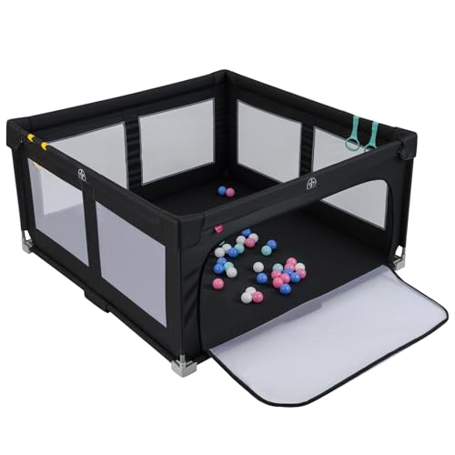 LIFEZEAL Parque Bebé Plegable 150x150x76,5 cm con 4 Anillas, 50 Bolas, Puerta con Cremallera, Bolsa de Almacenamiento, área de Juegos para Bebé, de Tela Oxford, Centro de Actividad Infantil de 0 a 3