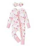 PATPAT Baby Girl Infant Clothes Footie Pajamas– Soft Viscose for Bamboo, Stretch Feel – 2-Way Ruffled Zipper, Fold-Over Mittens & Cuffs Pink Unicorn 0-3 Months