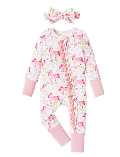 Image of PATPAT Baby Girl Boy Footie Clothes, Soft Viscose from Bamboo, 2-Way Ruffled Zipper, Fold-Over Mittens & Cuffs with Headband