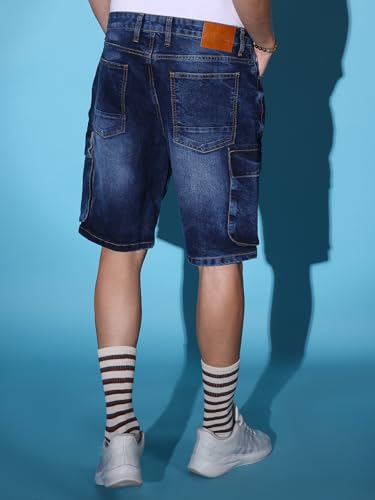 Image of The Indian Garage Co Men Relaxed Fit Solid Mid-Rise Denim Cargo Shorts
