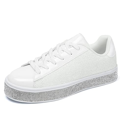 Image of UUBARIS Women's Glitter Tennis Sneakers Neon Dressy Sparkly Sneakers Rhinestone Bling Wedding Bridal Shoes Shiny Sequin Shoes