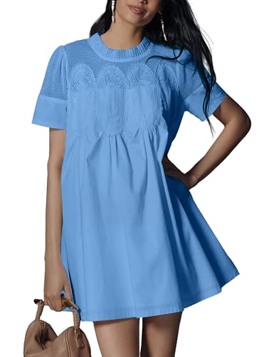 Image of Shiyifa Womens Babydoll Lace Patchwork Dresses Summer Short Sleeve Ruffle Sundress Loose Crew Neck A-Line Dresses