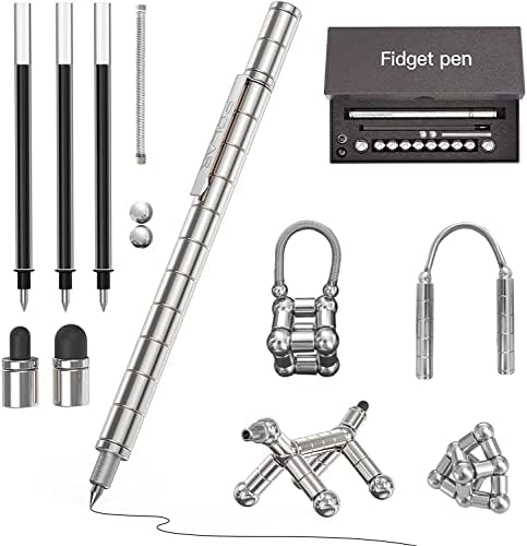 Fidget Pen Magnetic, Magnetic Ballpoint Pen Decompression Magnet, Magnetic Metal Ball Pen, Magnetic Multichrome Pen, Magnet Writing Pen Stress Relief Toys Gift for Kids, Friends, Adults (Silver)