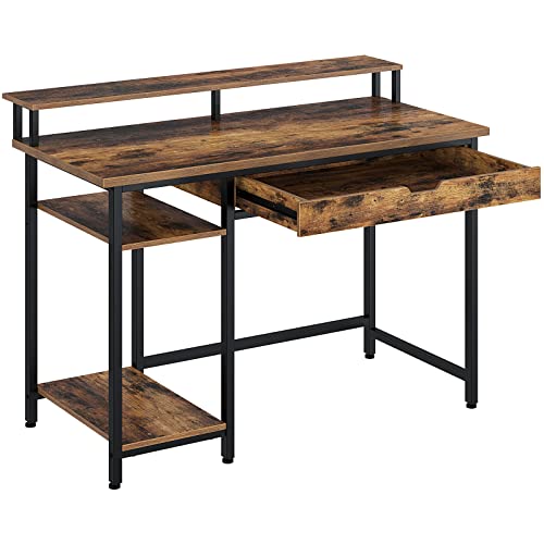 Rolanstar Computer Desk with Monitor Stand and Drawer, 39" Home Office Writing Desk, Study Table Workstation,Stable Metal Frame (Rustic Brown, 39")