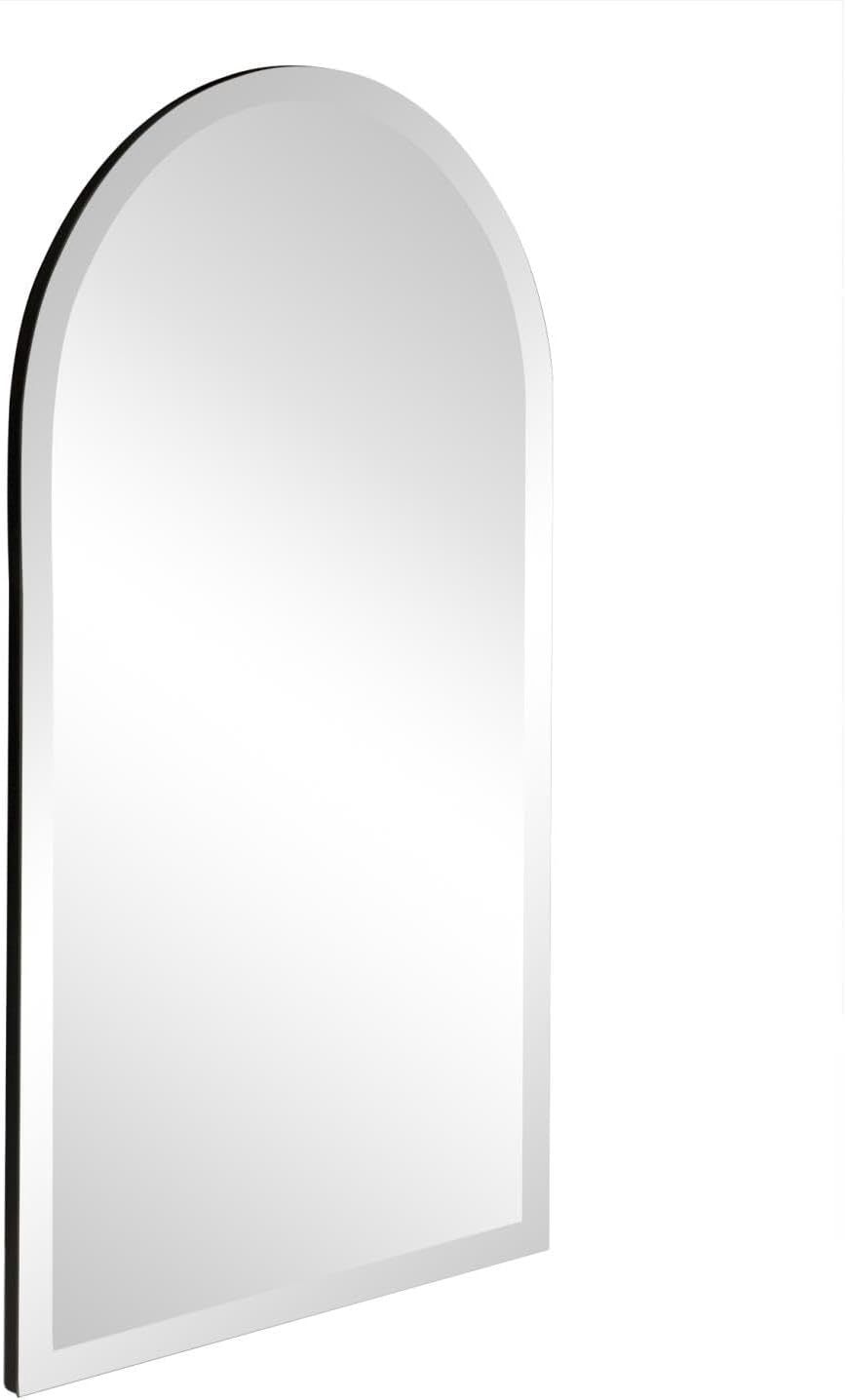Howard Elliott Collection Frameless Silver arched wall mirror with beveled edges, modern decorative vanity accent for bathroom, entryway, or bedroom décor, perfect for enhancing any room, 19 x 32 inch