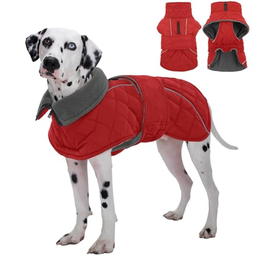 Kuoser Dog Coat, Super-Warm Dog Jacket Windproof Pet Cold Weather Coats for Extra Large Dogs, Fleece Lining Quilted Turtleneck Puppy Snowsuit Reflective Adjustable Doggie Winter Clothes, Red