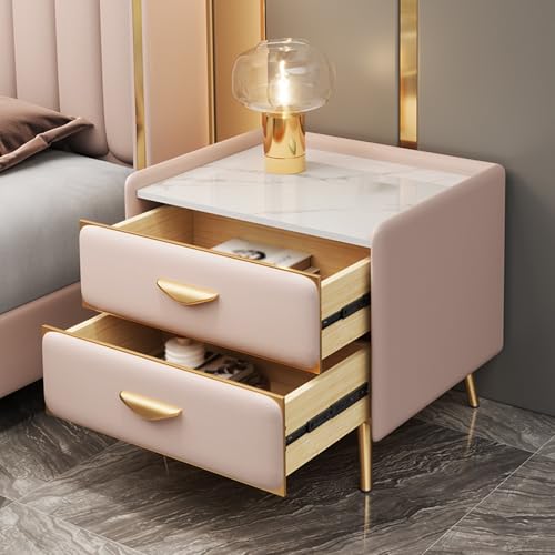 HJYBFA Mesita de Noche Moderna con encimera de Pizarra, cajón de Madera Detalles de Cuero, Patas de Metal para Almacenamiento en el Dormitorio.