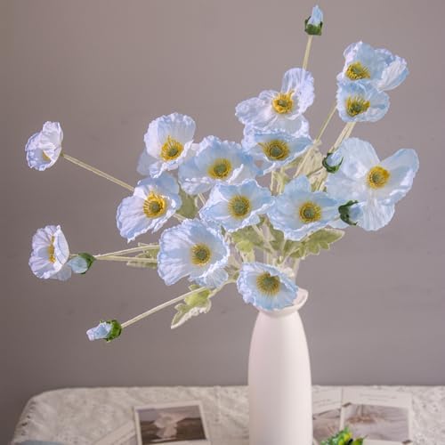Faux Poppies 5Stems Artificial Poppy Flowers in Vase for Your Home Kitchen Wedding or Memorial Day Decor These Silk Flowers with Stems Will Make Any Space Shine (Light Blue)