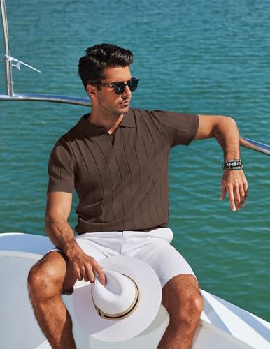 Image of COOFANDY Mens Polo Shirts Short Sleeve V Neck Knit Shirts for Men Casual Old Money Clothes Mens Golf Shirt