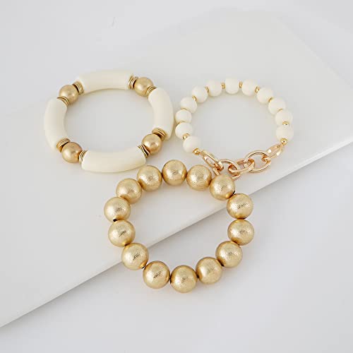 Gold Plated Beaded Acrylic Bamboo Tube Bangle Bracelets for Women, Colorful Chunky Curved Tube With Gold Pieces Beads Stretch Bracelet Friendship Summer Beach Jewelry3