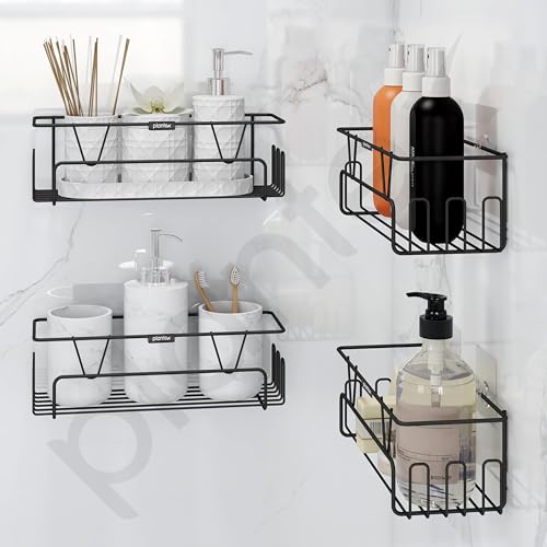 Image of Plantex GI Steel Bathroom Accessories Self Adhesive /Bathroom Shelf for Wall Without Drilling with Side Hooks & Magic Sticker - Black, Powder Coated (Pack of 4)