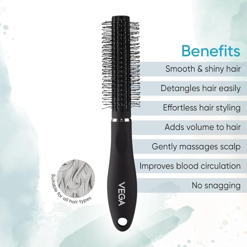 Image of Vega Round Hair Brush for Blow Dry Styling, Volumizing Tool for Men & Women, Adds Curl, Waves & Smooth Finish, Professional Roller for Salon Results (India's No.1 Hair Brush Brand, R22-RB)