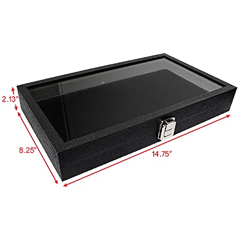 Ikee Design Leatherette Wooden Jewelry Display Case With Glass Top And Black Velvet Pad, Home Organization Storage Box, Wooden Jewelry Tray For Collectibles, 14.75" W X 8.25" D X 2.13''H #TOP1