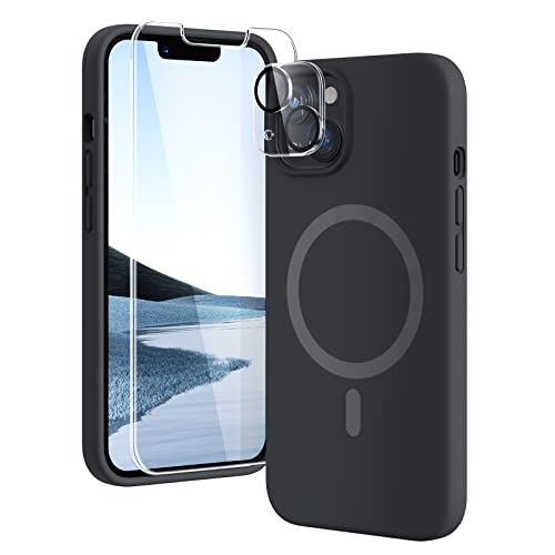 Tocol 5 In 1 For Iphone 13 Case Fit For Magsafe, With 2 Pack Screen Protector + 2 Pack Camera Lens Protector, Magnetic Liquid Silicone Phone Case For Iphone 13, Black #TOP6
