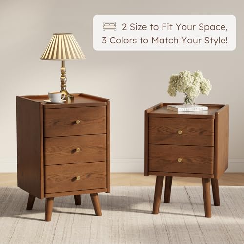 YAZIFIRSTLY Walnut 3 Drawer Nightstand, Tall Nightstand with Drawers, Modern Night Stand , Wood Night Stand, End Table with Storage, Small Bedside Tables for Small Spaces, Walnut Bedside Table(25.6"H) by YAZIFIRSTLY - Image 3