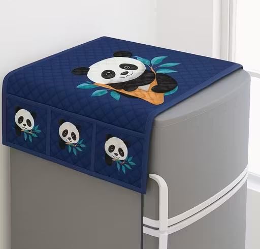 Image of STOREUP double Door or Single Door Fridge Cover | solid Print Fridge Cover With Side Pockets|Fridge Top Cover|Refrigerator Cover|Washable Cotton Material|6 Utility Pockets (BLUE PANDA)