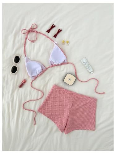 GORGLITTER Women's Gingham Plaid Swimsuits Bow Triangle Halter Shorts Bottoms Bikini Sets Bathing Suit2