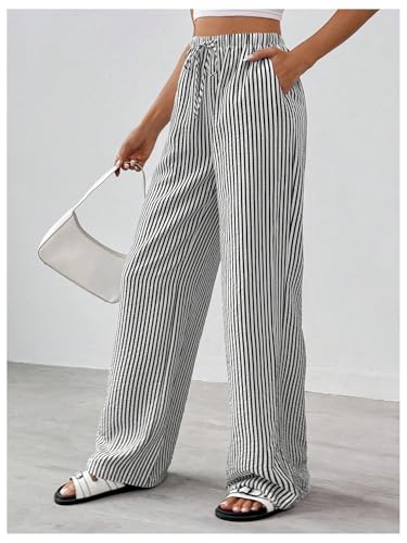 GORGLITTER Women's Striped Linen Pants High Waisted Wide Leg Casual Trendy Beach Trousers2