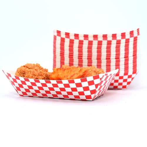 No Folding Required 50 Pcs 2lb Gingham Party Supplies Disposable Paper Food Trays for Shower Wedding Tea Party Supplies Nacho Snack (Red)