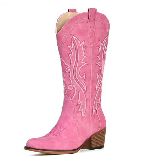 Image of IUV Cowboy Boots For Women Western Cowgirl Boots with Chunky Heel Mid Calf Snip Toe Ideal for low insteps