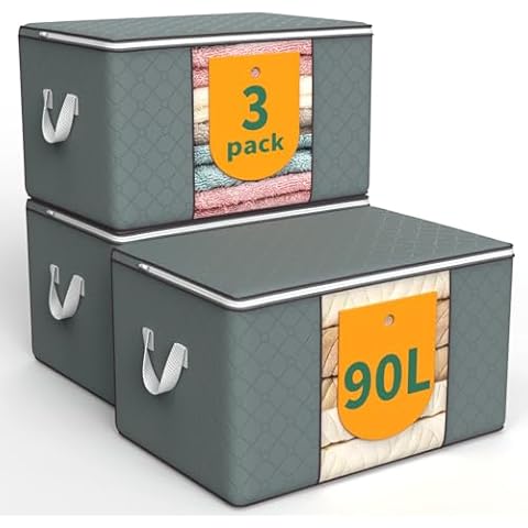 WALL QMER 3-Pack 90L Storage Bags, Storage Boxes with Lids, Closet Organizer with Handles, Foldable Under-Bed Storage for Clothes, Blankets, Pillows, and Toys, Gray Cover