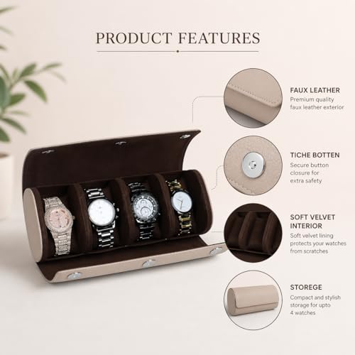 Image of essart Travel Watch Roll Case 4 Slots - Portable Luxury Watch Organizer & Storage Box for Men & Women