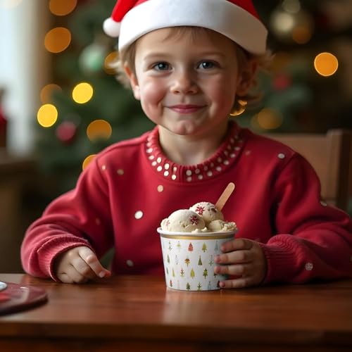 Image of Confettiville Paper Ice Cream Cups, 50-Count 9-Oz Disposable Dessert Bowls for Hot or Cold Food, 9-Ounce Christmas Party Supplies Treat Cups, Handdrawn Christmas Trees, Gold Foil