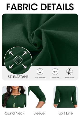 Image of CLOCOR Casual Midi Dresses for Women A-Line Fit and Flare Elegant Church 3 /4 Sleeve Crew Neck Dress with Pocket